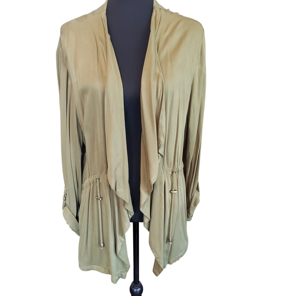 Stoosh Womens XL Olive‎ Green Draped Open Front Utility Jacket Drawstring Waist